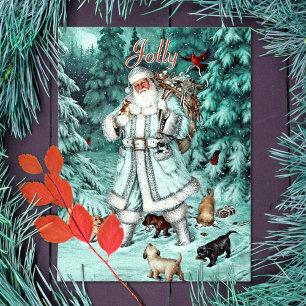 Cartes Pour Fêtes Annuelles Vintage Aqua Blue Santa Claus Noël Woods