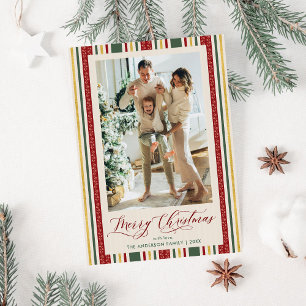 Cartes Pour Fêtes Annuelles Vintage bande rouge Bow Green Joyeux Noël Photo