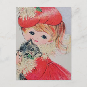 Cartes Pour Fêtes Annuelles Vintage Christmas Girl Holding Kitty