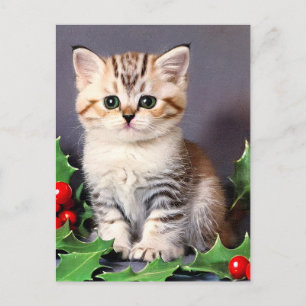 Cartes Pour Fêtes Annuelles Vintage Christmas Kitten et Holly