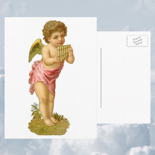 Cartes Pour Fêtes Annuelles Vintage Christmas, Musician Angel with Pan Pipes