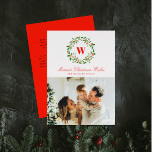 Cartes Pour Fêtes Annuelles Vintage Christmas Wreath Monogramme Photo