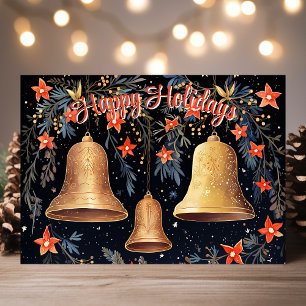 Cartes Pour Fêtes Annuelles Vintage Cloches Dorées et Joyeuses Fêtes Florales