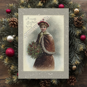 Cartes Pour Fêtes Annuelles Vintage dame en neige avec voeux de Noël