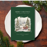 Cartes Pour Fêtes Annuelles Vintage Elegant Aquarelle Forêt d'Arbre de Noël<br><div class="desc">Pour vos voeux de Noël les plus chaleureux à vos amis et votre famille. Aquarelle vintage scène hivernale enneigée avec rouge rouge. Conservez le texte de conception de "Joyeux Noël et Bonne Année" tel quel ou modifier. Inclure votre nom personnel/nom de famille sur le devant et vos salutations personnelles sur...</div>