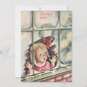 Cartes Pour Fêtes Annuelles Vintage Fille de Noël Vue Extérieure Fenêtre