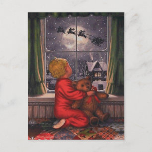 Cartes Pour Fêtes Annuelles Vintage Garçon observant le Père Noël volez au-des