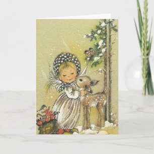 Cartes Pour Fêtes Annuelles Vintage Girl Hugging Baby Deer