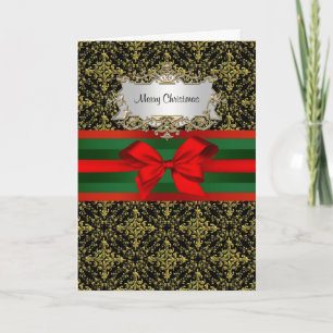 Cartes Pour Fêtes Annuelles Vintage Gold Black Damask 2 Red Green Ribbon