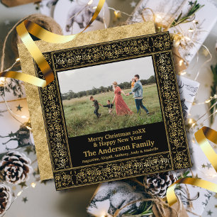 Cartes Pour Fêtes Annuelles Vintage Gold Floral Frame Joyeux Noël Photo