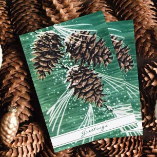 Cartes Pour Fêtes Annuelles Vintage Green Pine Cone Forest Salutations