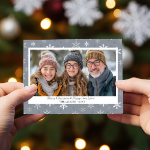 Cartes Pour Fêtes Annuelles Vintage Gris Snowflakes photo Flat Holiday Card