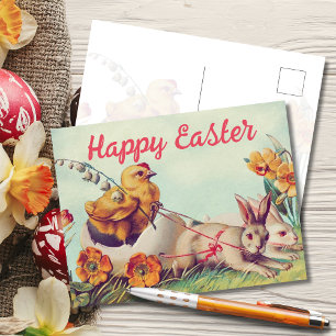 Cartes Pour Fêtes Annuelles Vintage Hen et Bunny Carriage Pâques