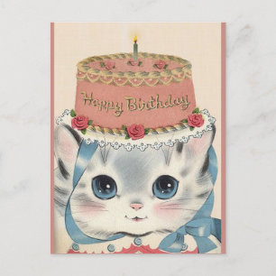 Cartes Pour Fêtes Annuelles Vintage Joyeux Chaton D'Anniversaire Avec Gâteau