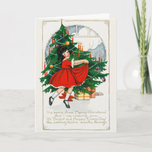 Cartes Pour Fêtes Annuelles Vintage Noël Arbre, Fille et Cadeaux Vacances
