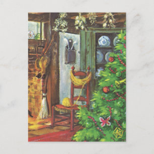 Cartes Pour Fêtes Annuelles Vintage Noël, Cabine confortable en rondins avec c