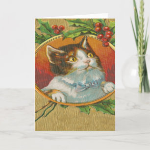 Cartes Pour Fêtes Annuelles Vintage Noël Chat Kitten Holly Berries Cute