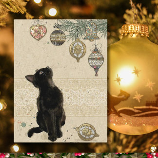 Cartes Pour Fêtes Annuelles Vintage Noël Chat Noir Regardant Les Ornements
