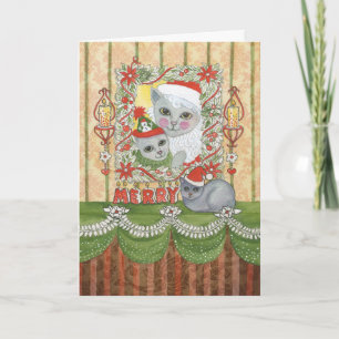Cartes Pour Fêtes Annuelles Vintage Noël Père Noël Chat avec chaton