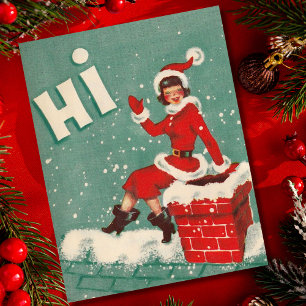 Cartes Pour Fêtes Annuelles Vintage Noël Père Noël Girl sur le toit