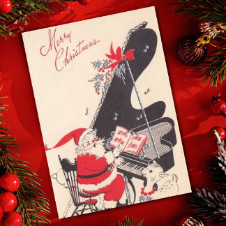 Cartes Pour Fêtes Annuelles Vintage Noël Père Noël Jouer Piano Pour Cerf