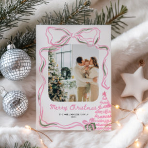 Cartes Pour Fêtes Annuelles Vintage Noël Pink Bow Family Photo