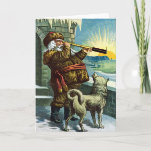 Cartes Pour Fêtes Annuelles Vintage Noël Santa Claus Telescope Chien Sunset