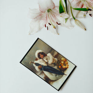 Cartes Pour Fêtes Annuelles Vintage Noël Sweet Girl Parapluie Fleur Fruit