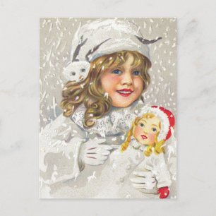 Cartes Pour Fêtes Annuelles Vintage Noël Victorienne fille avec poupée en neig