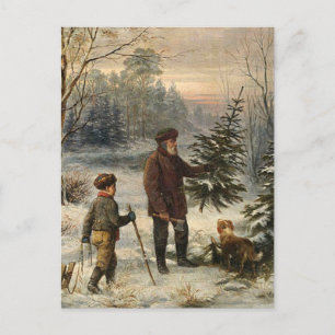 Cartes Pour Fêtes Annuelles Vintage - Père et Fils cueillant l'arbre de Noël