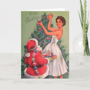 Cartes Pour Fêtes Annuelles Vintage Père Noël aide la femme à décorer l'arbre
