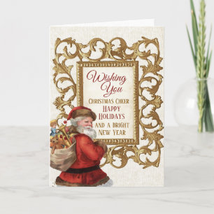 Cartes Pour Fêtes Annuelles Vintage Père Noël Gold Frame Joyeux Noël Nouvel An
