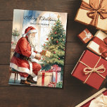 Cartes Pour Fêtes Annuelles Vintage Père Noël & Xmas Tree Personnalisé<br><div class="desc">Carte de vacances personnalisée Père Noël et Xmas vintage</div>
