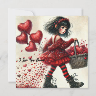 Cartes Pour Fêtes Annuelles Vintage petite fille aquarelle tenant le coeur rou