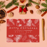 Cartes Pour Fêtes Annuelles Vintage Red Botanical Line Art Joyeux Noël<br><div class="desc">Une carte de vacances unique et élégante faite à la main bio carte de Noël. Il présente un blanc floral botanique naturel et biologique motif de Noël d'eucalyptus feuilles, étoiles et flocons de neige. L'arrière - plan est rouge avec une calligraphie rétro vintage MERRY CHRISTMAS en blanc sous elle joyeuse...</div>