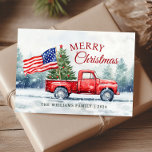 Cartes Pour Fêtes Annuelles Vintage Red Christmas Truck Arbre de Noël<br><div class="desc">Camion de Noël rouge vintage avec un sapin de Noël et une carte de Noël drapeau américain est un moyen festif de montrer votre amour pour l'Amérique et envoyer des voeux de vacances à vos amis et votre famille.</div>