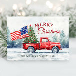 Cartes Pour Fêtes Annuelles Vintage Red Christmas Truck Arbre de Noël<br><div class="desc">Camion de Noël rouge vintage avec un sapin de Noël et une carte de Noël drapeau américain est un moyen festif de montrer votre amour pour l'Amérique et envoyer des voeux de vacances à vos amis et votre famille.</div>