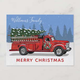 Cartes Pour Fêtes Annuelles Vintage Red Fire Truck Arbre de Noël Nom de famill