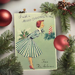 Cartes Pour Fêtes Annuelles Vintage Retro 1950s Christmas Lady Custom<br><div class="desc">Cette carte de Noël vintage du milieu du siècle présente une dame habillée d'une robe rayée verte et blanche, tenant un bouquet de verdure de Noël, et soufflant une bougie de Noël rayée rouge et blanche. Personnalisez en ajoutant votre nom de famille au bas de la carte, en customisant le...</div>