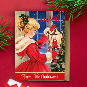 Cartes Pour Fêtes Annuelles Vintage Retro Fille de Noël dans Pony Tail Custom