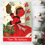 Cartes Pour Fêtes Annuelles Vintage Retro Ho Ho Ho Christmas Girl Custom<br><div class="desc">Cette jolie carte de Noël présente une illustration vintage du milieu du siècle d'une fille, en robe rouge de Noël, manteau et casquette, frappant à la porte tout en tenant un panier de saints et de baies à livrer. Personnalisez en ajoutant votre nom ou votre texte spécial en bas. Customisez...</div>