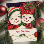 Cartes Pour Fêtes Annuelles Vintage Retro Snowman Couple Personnalisé Noël<br><div class="desc">Cette adorable carte de Noël vintage présente un mignon couple de bonhomme de neige en casquettes et écharpes de fête,  tenant une enveloppe qui dit "Joyeux Noël". Personnalisez en customisant le message au dos et/ou en ajoutant votre nom.</div>