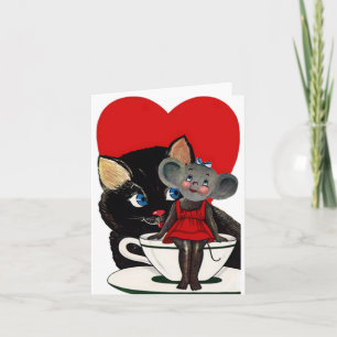 Cartes Pour Fêtes Annuelles Vintage Saint Valentin, Chat Mouse Tea Cup Coeur