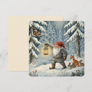 Cartes Pour Fêtes Annuelles Vintage scandinave Tomte dans une forêt enneigée