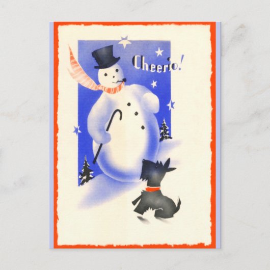 Cartes Pour Fêtes Annuelles Vintage Snowman et Chiot (Devant)