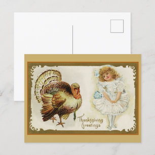 Cartes Pour Fêtes Annuelles Vintage Thanksgiving Turquie et petite fille