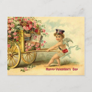 Cartes Pour Fêtes Annuelles Vintage Valentine Cherub & Wagon of Gifts & Roses
