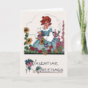 Cartes Pour Fêtes Annuelles Vintage Valentine Girl in Flower Garden Card