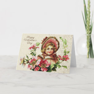 Cartes Pour Fêtes Annuelles Vintage Victorian Cute Little Girl avec Rose