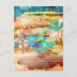 Cartes Pour Fêtes Annuelles Vintage voyage World Sky Blue Ocean Whales